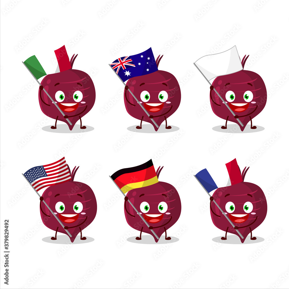 Fototapeta premium Beetroot cartoon character bring the flags of various countries
