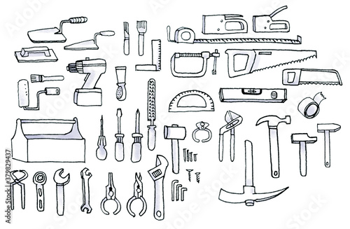 set of black and white drawings on the theme : tools