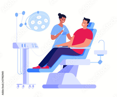 A woman dentist holds a drill in her hand for treating a patient's teeth. The patient is sitting in the dentist's chair. Dentistry and healthcare concept. Vector flat cartoon illustration.