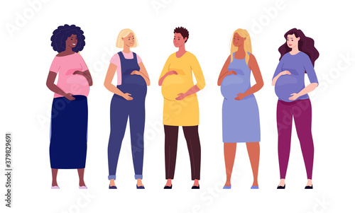 Set of beautiful pregnant women hugging their big bellies. Illustration. Vector in a flat cartoon style.