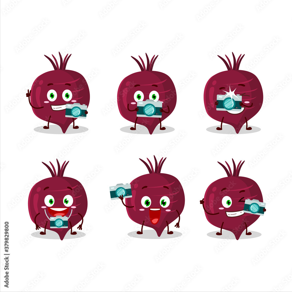 Photographer profession emoticon with beet root cartoon character