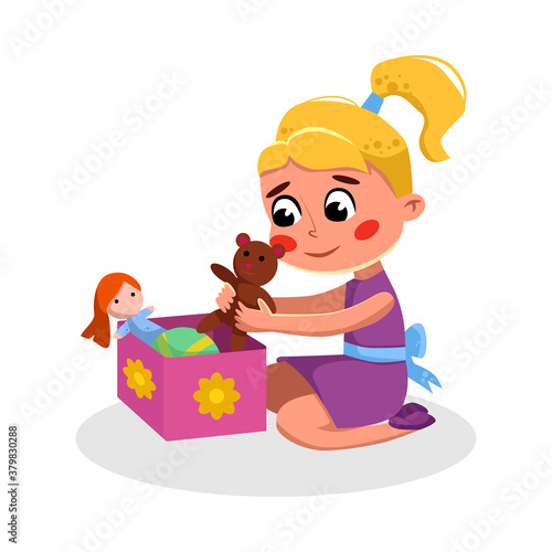 Cute Girl Sitting on Floor Playing Toys, Kids Good Behavior Cartoon Style Vector Illustration