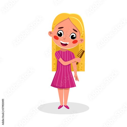 Cute Blonde Girl Brushing her Long Hair, Good Kids Behavior and Habits Cartoon Style Vector Illustration