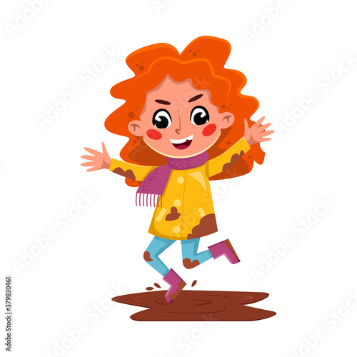 Bully Girl Character Jumping into Dirty Puddle, Naughty Hoodlum Kid Character Cartoon Style Vector Illustration