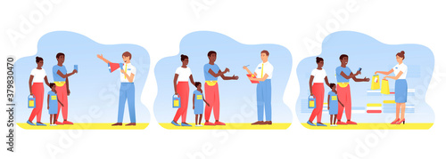 Set with travel African American customer purchase. Upon hearing an advertisement for a product, the customer bought it in the store. Customer survey. A satisfied customer. Vector flat illustration.