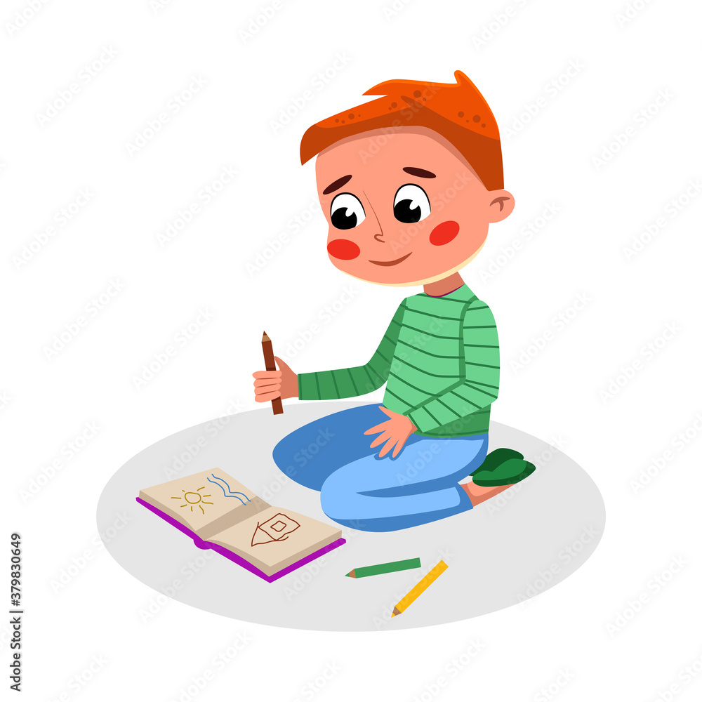 Cute Boy Drawing in Notebook, Kids Good Behavior Cartoon Style Vector Illustration