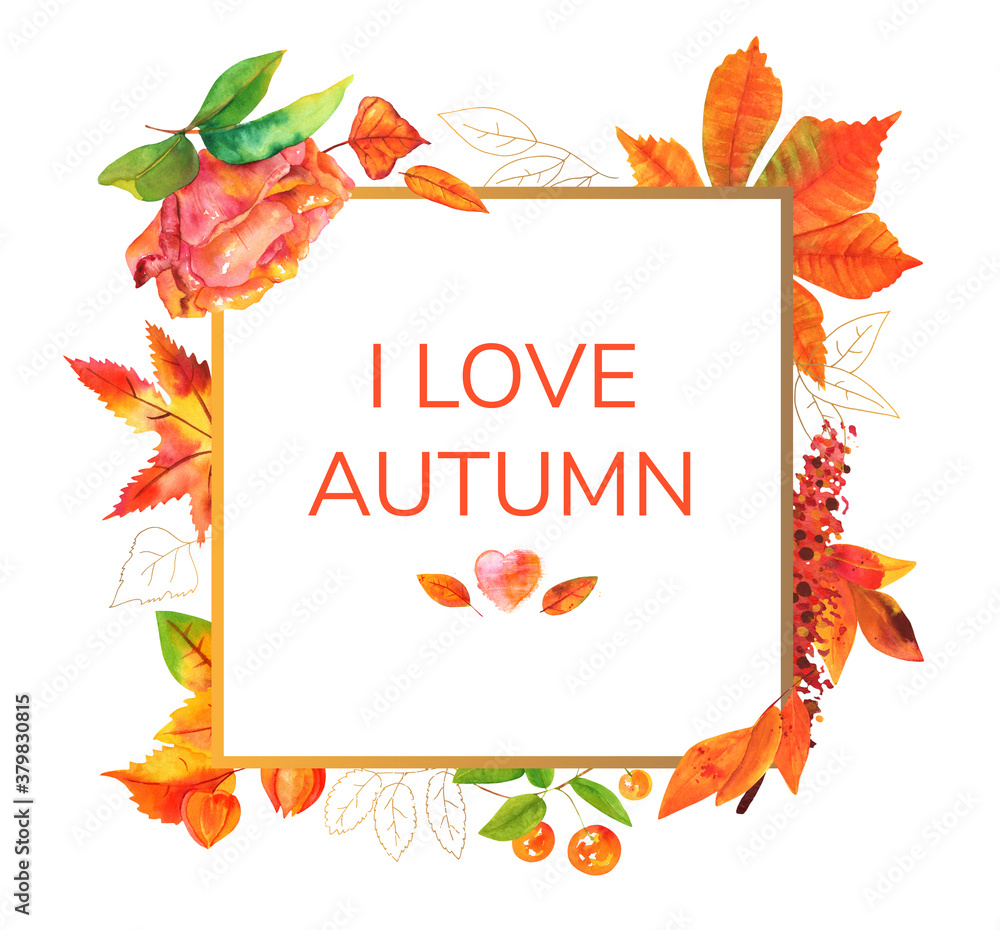 Fototapeta I love autumn banner with watercolor fall leaves, branches and flowers, on a white background, a frame for a poster