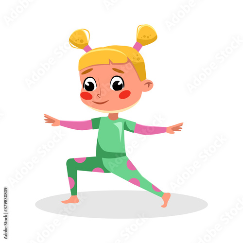 Cute Girl Adorable Kid Practicing Yoga Standing in Hero Pose, Kids Good Behavior Cartoon Style Vector Illustration