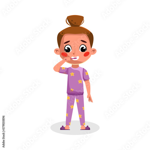 Cute Girl Brushing her Teeth, Dental Care, Good Kids Behavior and Habits Cartoon Style Vector Illustration