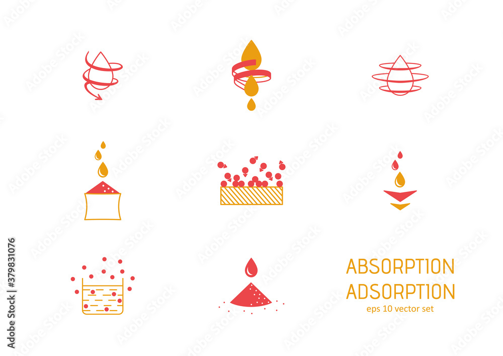Absorption, adsorbation - vector icon set. Absorption, adsorbation - vector icon set.