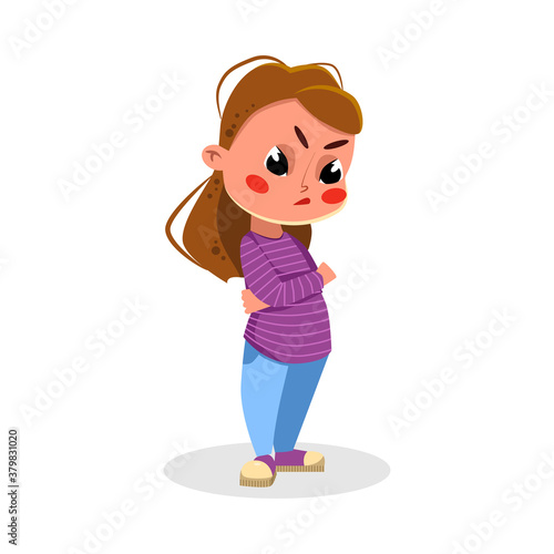 Upset Angry Girl Standing with Folded Hands, Naughty Hoodlum Kid Character Cartoon Style Vector Illustration