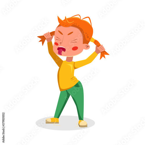 Angry Bully Girl Grimacing, Naughty Hoodlum Kid Character Cartoon Style Vector Illustration