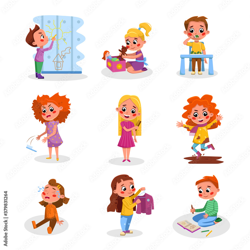 Bad and Good Kids Behavior and Habits Set, Cute Naughty and Obedient Children in Different Situations Cartoon Style Vector Illustration