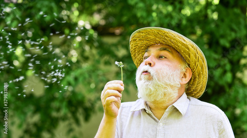 Alzheimer dementia. concept of cognitive impairment. Joy during early spring. old age and aging. spring village country. symbol of thin gray hair. old man blow dandelion flower