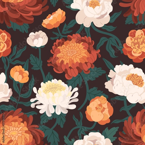 Realistic blooming peonies and chrysanthemums seamless pattern. Bright elegant flowers with buds, petals and branches vector illustration. Blossom botanical wallpaper template decorative design