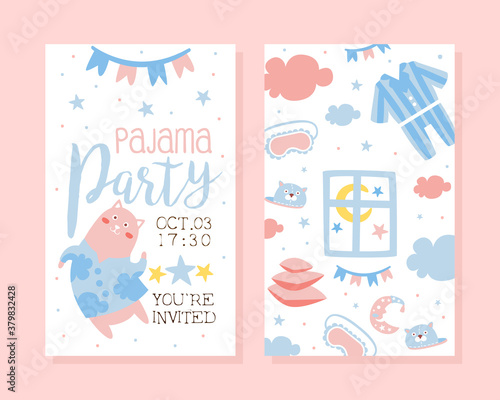 Pajama Party Invitation Card Template, Light Pink and Blue Childish Slumber Pyjama Overnight Sleepover Card Vector Illustration