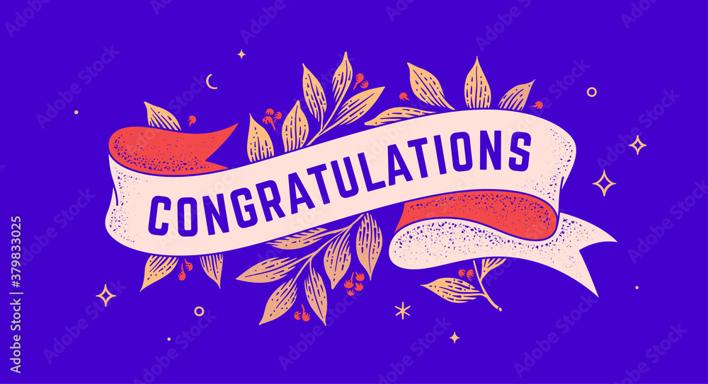 Congratulations. Retro greeting card with ribbon and text congratulations. Old ribbon banner in engraving style. Old school vintage ribbon for greeting card Congratulations. Vector Illustration