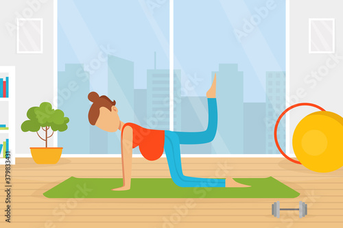 Pregnant Young Woman Doing Sports in Gym, Active Pregnancy, Healthy Lifestyle Concept Vector Illustration