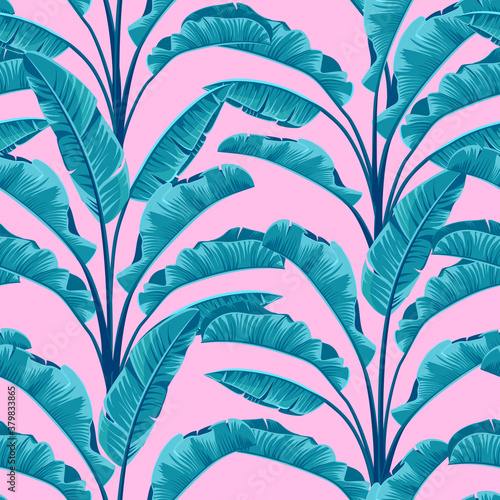 Obraz na plátně Seamless banana leaves. Vector tropical pattern background.