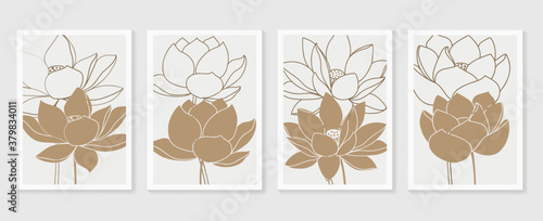 Botanical wall art vector set. Lotus flower Foliage line art drawing with abstract shape.  Abstract Plant Art design for print, cover, wallpaper, Minimal and  natural wall art. Vector illustration.