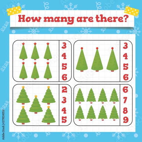 Color Toddler education games with christmas tree decoration. Preschool or kindergarten Christmas worksheet. Vector illustration. Vector illustrationColor Toddler education games with christmas tree