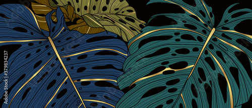 Luxury golden art deco wallpaper. Nature background vector. Floral pattern with golden split-leaf Philodendron plant with monstera plant line art on green emerald color background. 