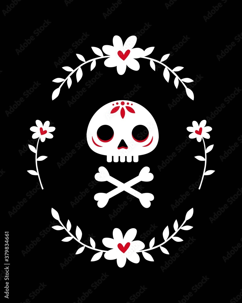 Cad with skull and bones surrounded by a wreath of flowers. Cute vector illustration in flat style with human scoop painted in calavera style. For wallpaper, backgound, wrapping paper, textile.