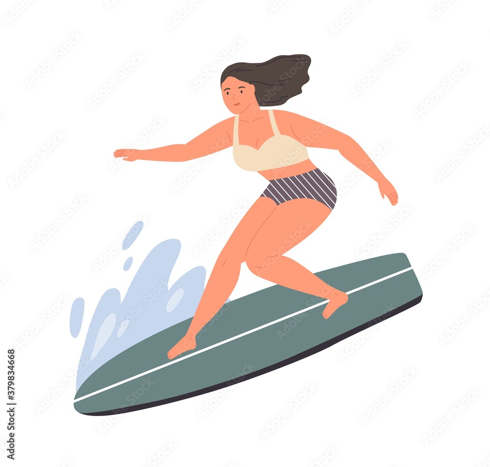 Smiling woman standing on surfboard at sea or ocean wave vector flat illustration. Happy sportswoman enjoying active lifestyle isolated on white. Female surfer in swimsuit doing extreme sports