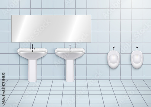 WC washroom with white porcelain sink and urinals. Public restroom Interior with ceramic washbasins and toilet. Front view and wall mount. Vector Illustration