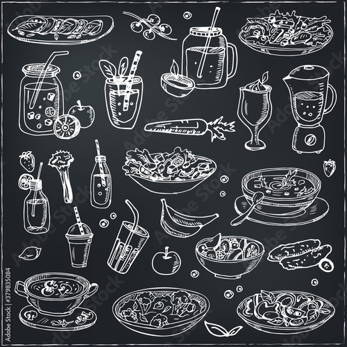 Fitness menu doodle icons Vector illustration on chalkboard. Vector illustration