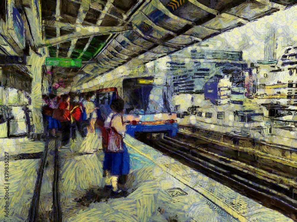 Landscape of Bangkok and its people Illustrations creates an impressionist style of painting.