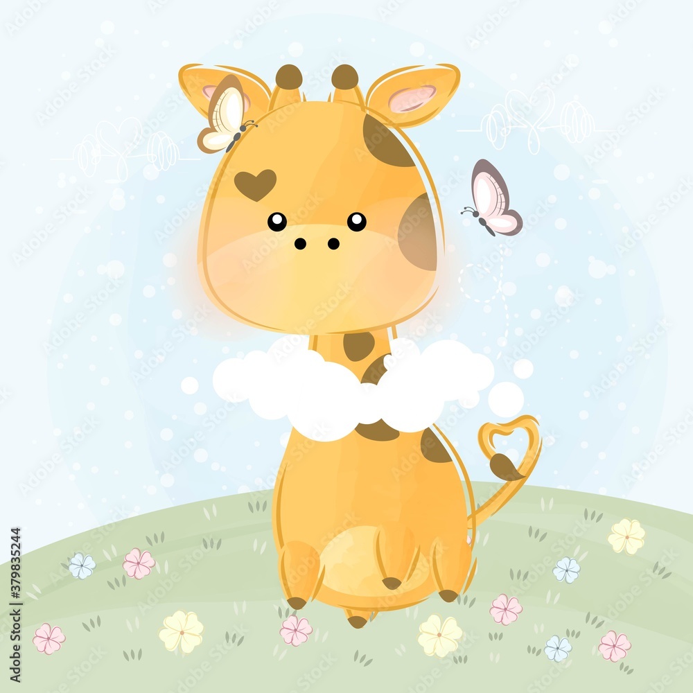 Fototapeta premium cute little giraffe and clouds