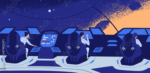 Group of astronauts sitting at control panel during spaceflight vector flat illustration. Male and female crew members travel in open space. Cosmonauts inside of interstellar spacecraft or spaceship