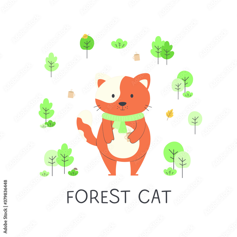 Fototapeta premium Cute forest cat among trees, hot tea, bushes and leaves with the name created for children's textiles