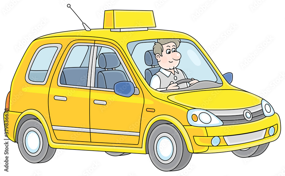 Obraz premium Friendly smiling taxi-driver in his new yellow cab, vector cartoon illustration on a white background