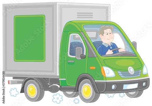Smiling driver in his small green delivery van for transporting goods, vector cartoon illustration on a white background