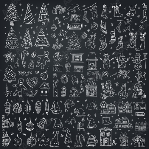 Christmas set of doodle icons Vector illustration on chalkboard. Vector illustration