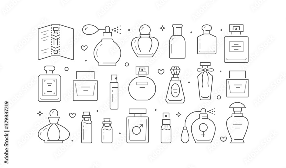 Perfume bottles poster with line icons. Vector horizontal illustration included icon glass sprayer, luxury parfum sampler, essential oil, cologne outline pictogram for cosmetic store flyer, brochure Perfume bottles poster with line icons. Vector horizontal illustration included icon glass sprayer, luxury parfum sampler, essential oil, cologne outline pictogram for cosmetic store flyer, brochure