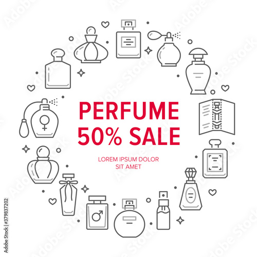 Perfume bottles frame poster with line icons. Vector illustration included icon as glass sprayer, luxury parfum, essential oil, cologne outline pictogram for cosmetic store flyer, sale brochure