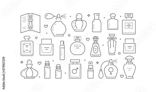 Perfume bottles poster with line icons. Vector horizontal illustration included icon glass sprayer, luxury parfum sampler, essential oil, cologne outline pictogram for cosmetic store flyer, brochure