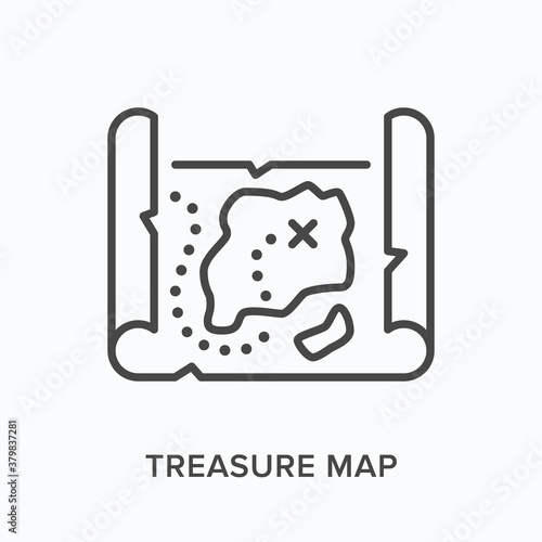 Treasure map flat line icon. Vector outline illustration of medieval scroll with direction. Teasury hunt thin linear pictogram