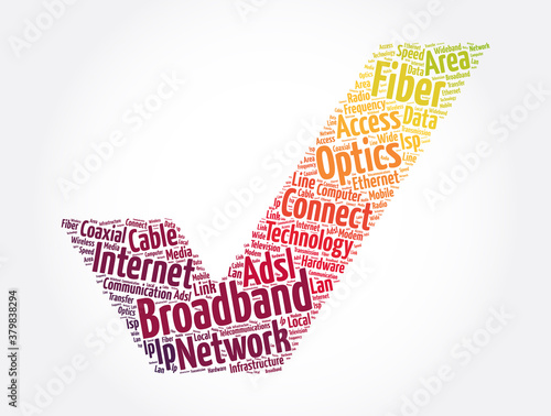Broadband check mark word cloud collage, technology concept background
