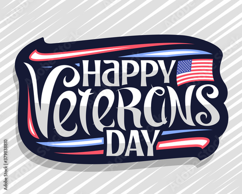 Vector logo for Veterans Day, dark badge with illustration of national red and blue striped flag of USA, decorative flourishes and stars, unique letters for words happy veterans day on gray background