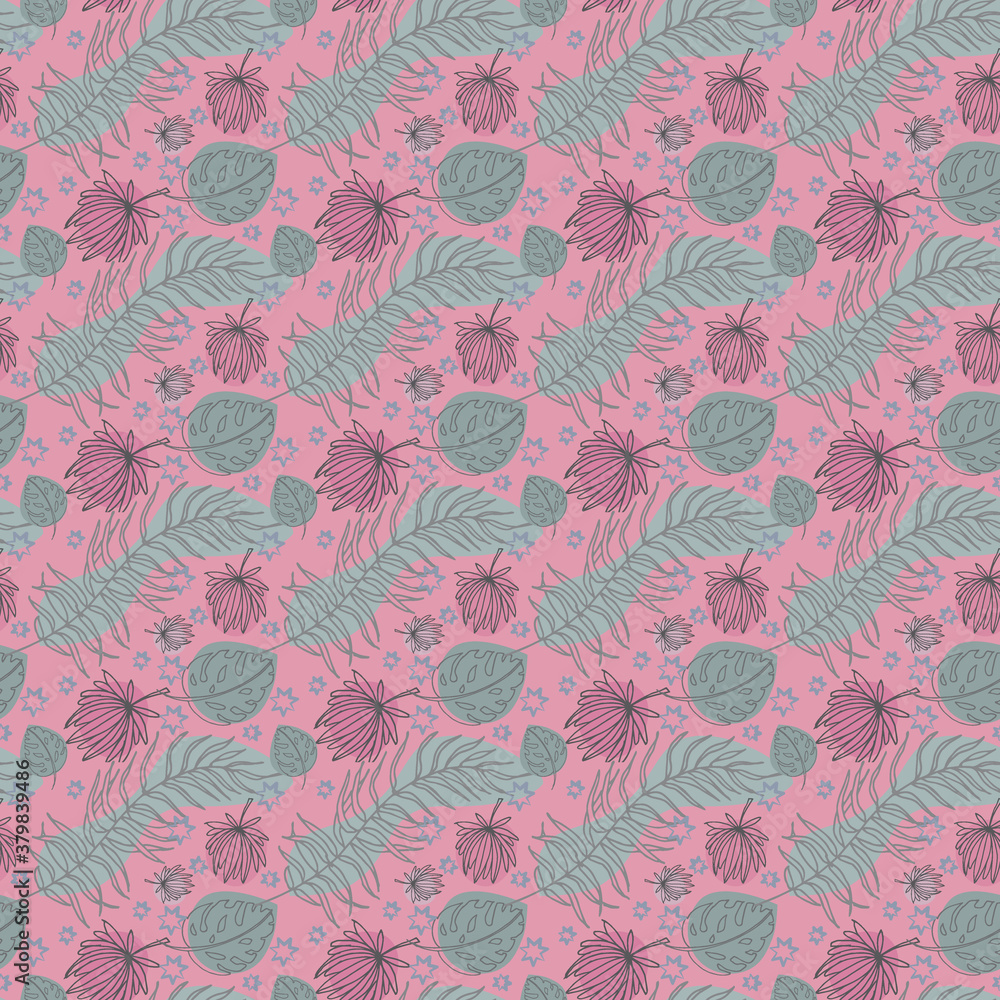 Seamless pattern with tropical leaves of palm, monstera. Exotic background for printing on fabric and paper Seamless pattern with tropical leaves of palm, monstera. Exotic background for printing on fabric and paper