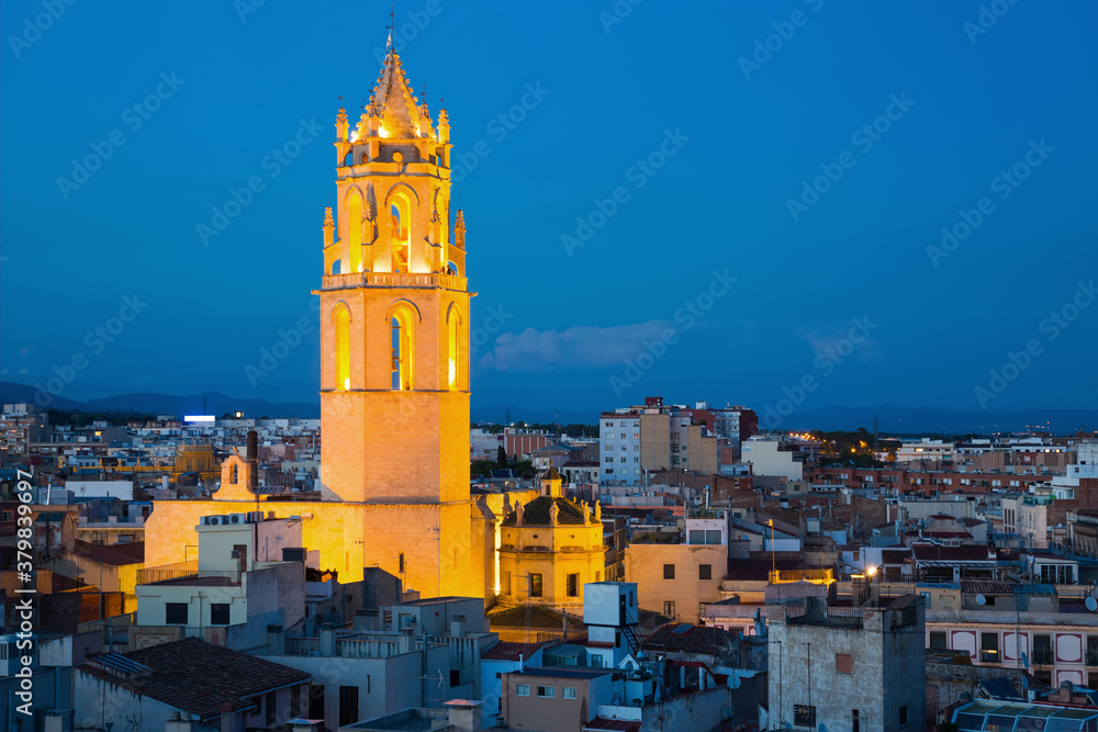 Panoramic city view with cathedral in evening in Reus