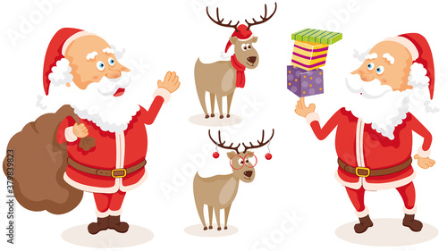 	
Santa Claus with deers. Santa is carrying big bag of toys. Funny deers with Christmas hat and scarf and wearing glasses. Vector illustrations.