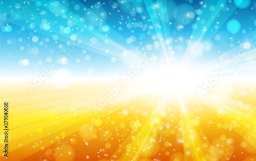 summer sun light burst blue, yellow and orange background.