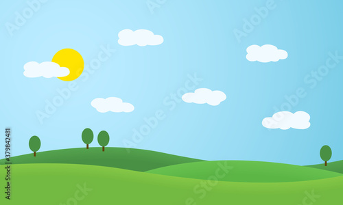 Flat design illustration of landscape with meadows and hills. Green trees under blue sky with sun and white clouds  vector