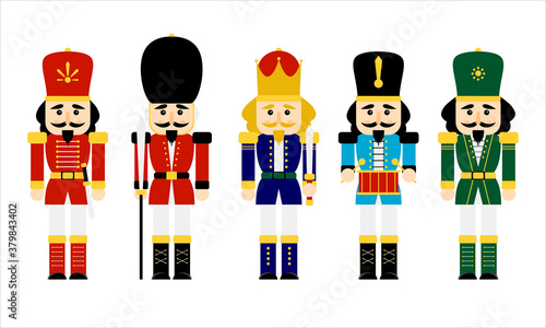 Vector illustration collection set christmas nutcracker toy soldier traditional figurine isolated on white background