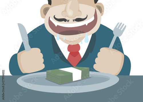 Suit gay hold a knife and fork in the hand and ready to eat a money on the plate in front of him